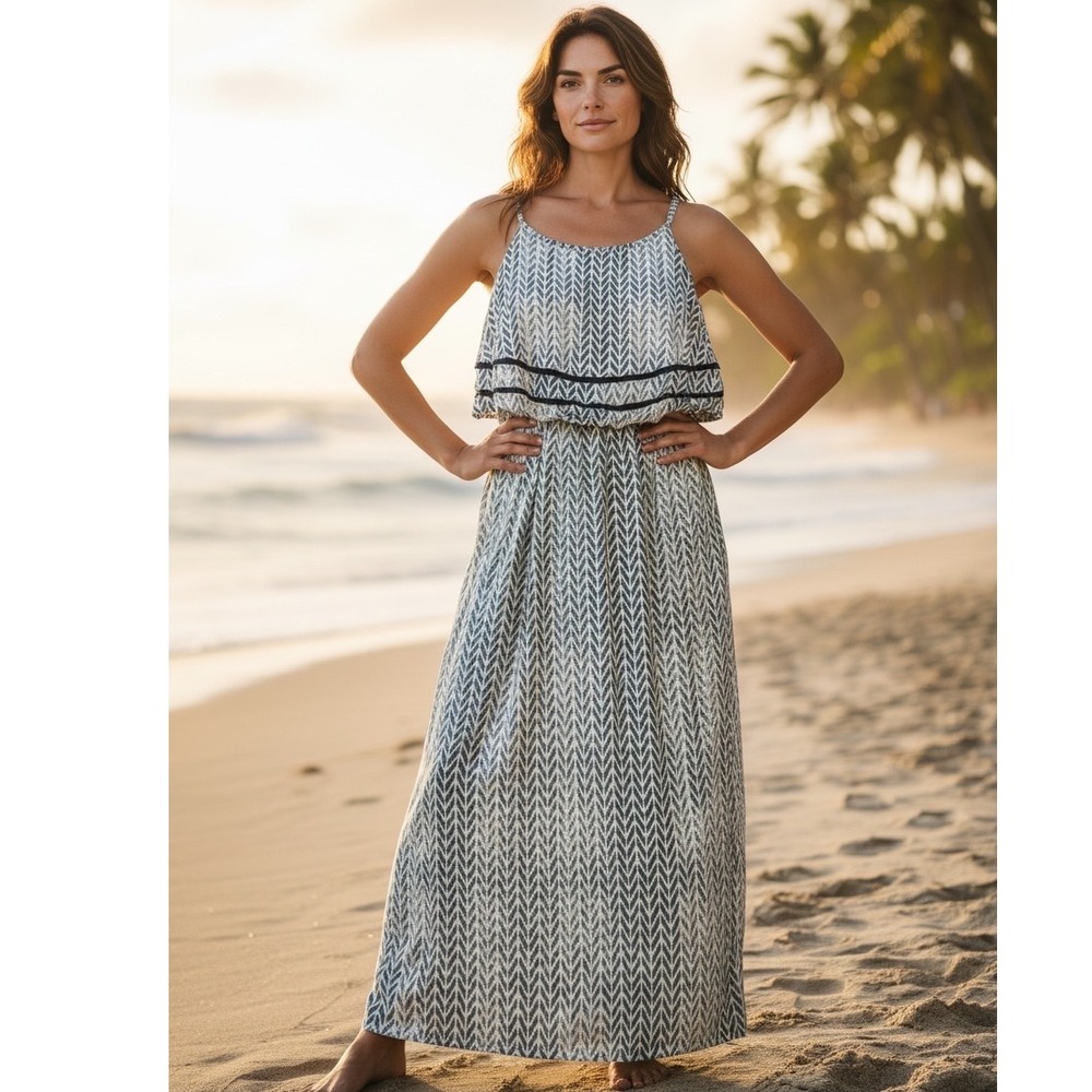 Robert Louis Womens Blue Chevron Popover Maxi Dress Sleeveless Boho Chic‎ Girly